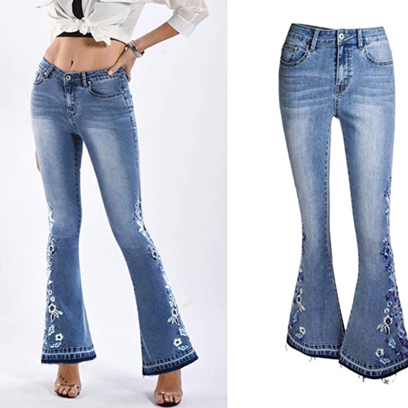 2xHP💝Women’s Embroidered Flared Jeans small waist 14” inseam 30” rise 9” - Picture 3 of 6